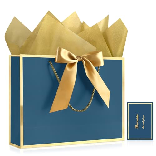 Image of JMANNI Gift Bags with Handles, 13 inch Medium Gift Bags with Tissue Paper | 1 Pcs Blue Bag, 2 Tissue Paper and 1 Cards, for Baby Shower, Wedding Bridal Shower, Birthday Party