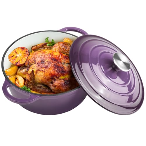 Image of Dutch Oven Enameled Cast Iron with Lid - Big Dual Handles - Oven Safe up to 500F - Classic Round Pot for Versatile Cooking (Purple, 3 QT)