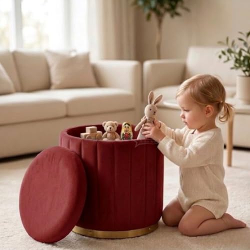 Image of Superior Round Storage Ottoman Stool 16 X 16X 19 inch, with Gold Metal Base | Elegant Pouffe with Secret Storage | Cushioned Footrest for Living Room, Bedroom, and Lounge Maroon