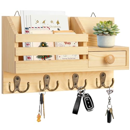 HOMEBROS Key Holder Wall Mount, Wooden Adhesive Mail and Key
