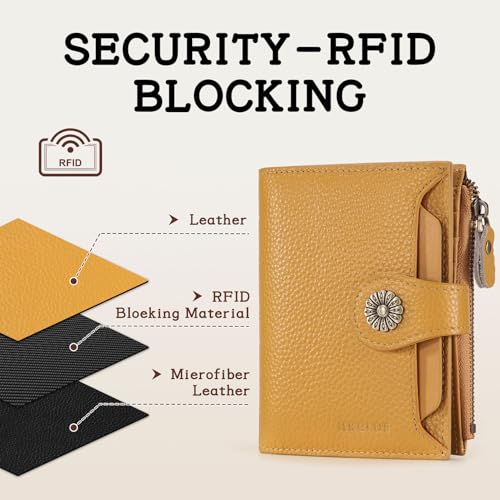 Image of HKCLUF Leather Wallet Women,RFID Blocking Small Wallet for Women,Bifold Womens Wallet,Card Holder Wallet Ladies With Zip Coin Pocket(yellow)