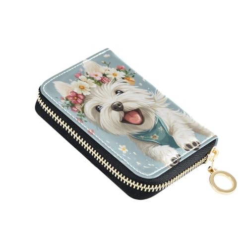 Credit Card Holder West Highland White Terrier Dog Running Small PU Leather Zipper Card Case Wallet for Women