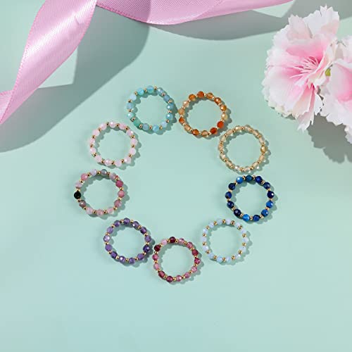 Crystal Beaded Ring Natural Gemstone Amethyst Rose Quartz Aquamarine Tourmaline Tiger Eye Minimalist Stacking Band Ring Fidget Rings For Anxiety For Women Girls Jewelry Gifts (9 Pcs Beaded Rings-Gold) #TOP4