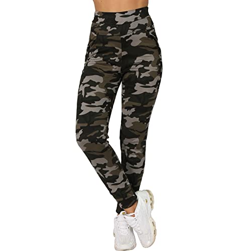 Candygirls Pantalones de camuflaje para mujer, cintura alta, térmicos, con forro interior de pelo de peluche 8400, gris, L