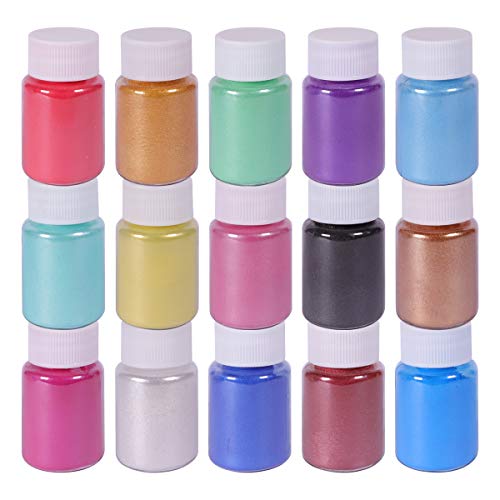 Mica Powder Slime Pigment Supply Kit Powder Resin in Bottle Organized with Pearlescent Pearl Luster, 15 Colors Fine for Soap Making/Bath Bomb DIY