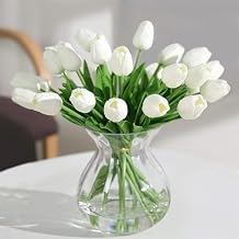 Tulips Artificial Flowers 20 Pcs White Fake Tulip Stems Real Touch PU Tulips for Easter Spring Wedding Bouquet Home Centerpiece Floral Arrangement Table Decor