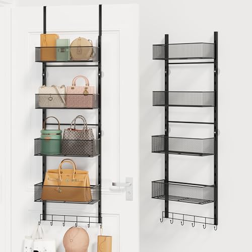 SWTYMIKI Over the Door Purse Organizer - Wall Mounted Purse Rack with 4 Adjustable Metal Basket and 6 Hooks Hanging Bag Rack for Handbag Organizer Bag Storage Can Use As 1/2 Part for Door Closet