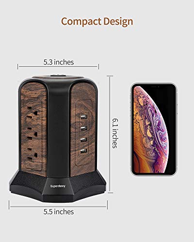 Power Strip Tower Surge Protector, Superdanny Desktop Charging Station, 10 Ft Extension Cord, 9 Outlets, 4 Usbs, 1080 Joules, 3-Prong, Grounded, Multiple Protections For Home, Office, Deep Wood Grain #TOP4