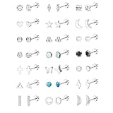 Juego de 21 Pares Piercings Nasales Acero Inoxidable para Hombre y Mujer, con Forma Estrella, Luna, Corazón, Hoja Circonita Cúbica(Silver)