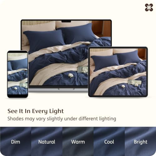 Image of Bedsure 100% Washed Cotton Duvet Cover Oversized King Size - Navy Minimalist Bedding Set Linen Like - PureWoven Plain Simple & Soft Comforter Cover for All Seasons (Navy, Oversized King, 120 inchx98 inch)