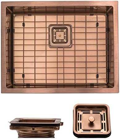Strictly Sinks 23 Inch Undermount Kitchen Sink – Copper Single Bowl 16 Gauge Stainless Steel Bar Prep Kitchen Sink Scratch & Stain Resistant – With Square Disposal Adapter & Bottom Grid