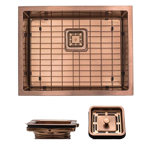 Strictly Sinks 23 Inch Undermount Kitchen Sink – Copper Single Bowl 16 Gauge Stainless Steel Bar Prep Kitchen Sink Scratch & Stain Resistant – With Square Disposal Adapter & Bottom Grid #TOP8