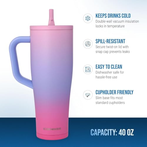 Image of Ice Shaker 40 oz Tumbler with Handle and Straw | 40oz Periwinkle Haze | Cold for 30+ Hours | 2-in-1 Tumbler Shaker Bottle | Odor-Free 40 ounce Bottle for Water, Protein Shakes, Smoothies, Cocktails