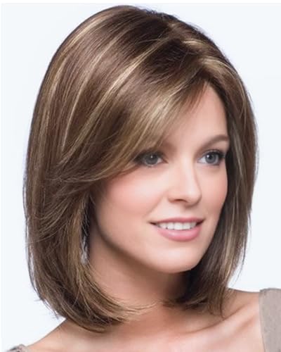 SEVENCOLORS Short Brown Mixed Blonde Bob Wigs for White Women Shoulder Length Synthetic Hair Wigs with Side Bangs Straight Blonde Highlights Women’s Wig