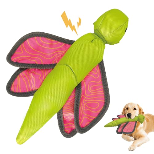 QPAWS 12.2 Inch Pink Green Dragonfly Slingshot Flying Dog Toy Oxford Squeaky Crinkle Chew Toy for Fetch Training Interactive Durable Toy for Medium Large Dogs