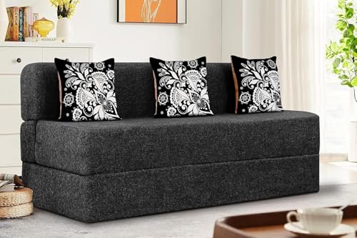 Image of Rosebell Three Seater Sofa Cum Bed | Jute Fabric Washable Cover | with 3 Printed Cushions Perfect for Guest | Black | 5' X 6' Feet