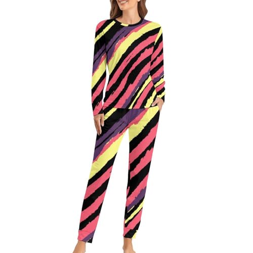 Pyjama femme rayures anti-froid avec t-shirt longues manches et pantalon