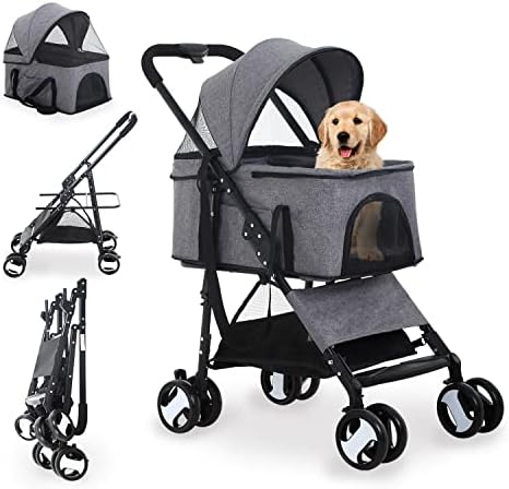 Dog Stroller 3-in-1 Folding Dog Stroller for Medium Small Dogs Pet Stroller Cat Stroller 4 Wheels with Detachable Carrier Storage Basket Waterproof Lightweight for Travel,Grey