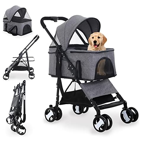 Dog Stroller 3-in-1 Folding Dog Stroller for Medium Small Dogs Pet Stroller Cat Stroller 4 Wheels with Detachable Carrier Storage Basket Waterproof Lightweight for Travel,Grey Cover