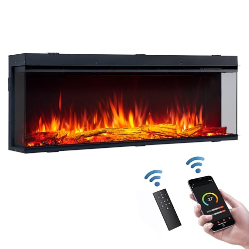 FLAMME 51”/130cm Knighton Platinum Smart Inset Media Wall Electric Fireplace 1-2-3 sided View Compatible with Alexa Deep Fuel Bed Perfect for Media Wall