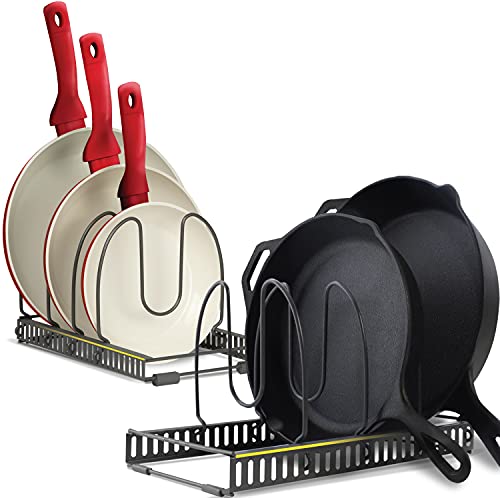 8+ Pan Organizer Rack for Cabinet - Scratch Protection - 2 Large Racks 8 Adjustable Dividers - Expandable Storage for Pots and Pans Holder Organizer Rack Kitchen Cabinet Organizers - Dark Grey