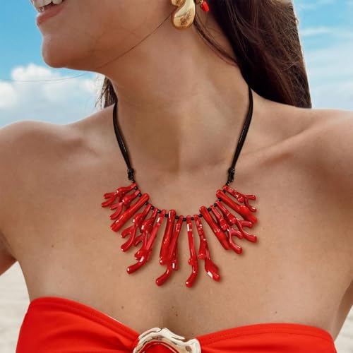 Coral Beaded Necklace for Women Acrylic Red Statement Necklace Adjustable Bohemian Beach Jewelry with Fringe Ocean Theme Summer Necklace Trendy Boho Necklaces for Her2