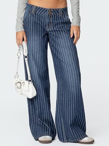 Women's Striped Low Rise Baggy Barrel Jeans Wide Leg Denim Pants2