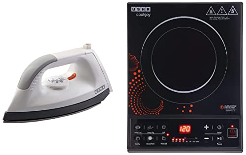 Image of Usha EI 1602 1000-Watt Lightweight Dry Iron (multi-colour) + Usha Cook Joy (3616) 1600-Watt Induction Cooktop (Black)