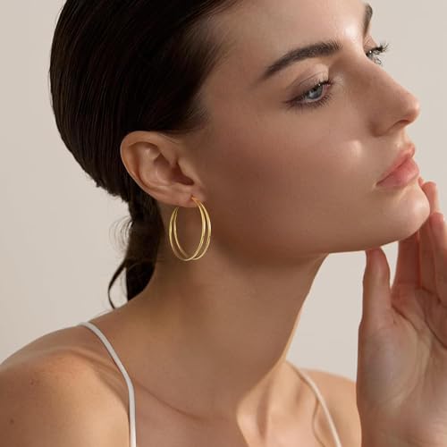 OOOPEL Large Thin Double Hoop Earrings for Women Lightweight Hypoallergenic 925 Sterling Silver Post 14K Gold Hoops Non Tarnish Sturdy Big Thin Double Layered Hoop Earrings 30/40/50/60mm2