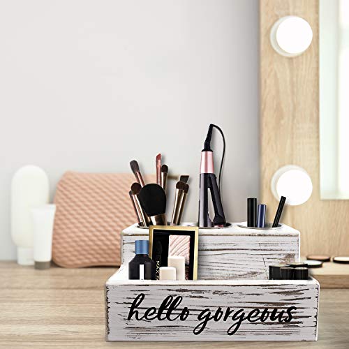 Unistyle Rustic Hair Dryer Holder Hair Tools and Styling Supplies Organizer Wooden Storage for Vanity and Bathroom Rustic White Elegant Design Vanity Caddy for Accessories, Makeup, Toiletries