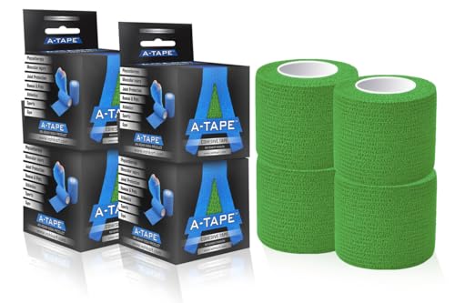 Image of A-Tape Breathable Self Adhesive Cohesive Bandage Wrap - Athletic Non-Woven for Sports, Medical Use, Injuries, Knee & Wrist Support - Suitable for Humans & Pets (Green, 5cm Pack Of 4)