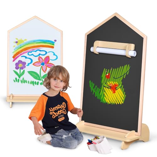 House Design Double-Sided Magnetic Drawing Board w/Detachable Roller for Kids, Extra Large Art Easel for Toddlers Boys and Girls Gift (Wall Mountable)