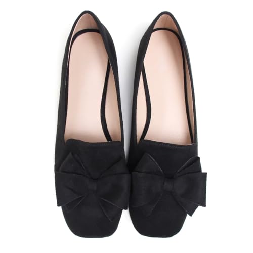 Image of WENJIAZHIZHI Square Toe Bow Ballet Slip-On | Classic Suede Finish,Chic Bow Detail,Effortless Everyday Style,Wedding Party Office,Plus Size Available