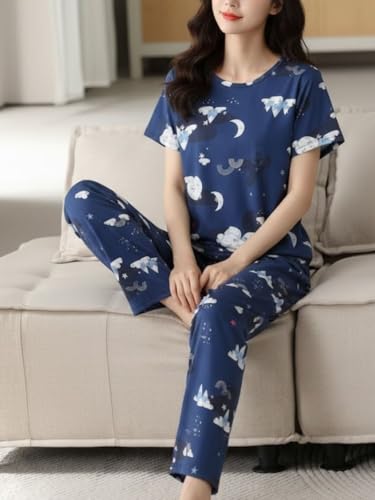Image of Women's Korean Style Night Suit Set | Cotton Half Sleeve Top & Pyjama Set | Round Neck Printed Nightsuit | Comfortable Nightwear & Loungewear for Women | Sleepwear Pjs Lounge Set |Co-ords Outfit
