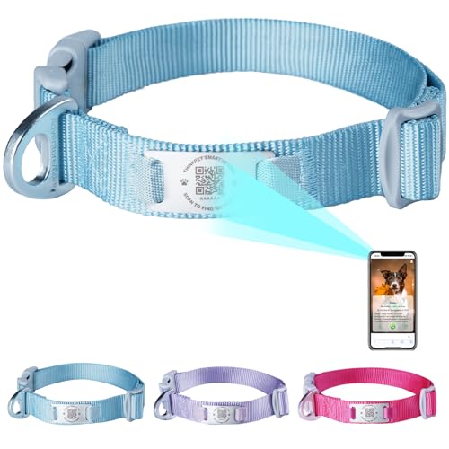 ThinkPet Intelligenter QR-Code Hundehalsband - Aus Nylon, Verstellbare Größe, Langlebig & Komfortabel, Echtzeit-Ortung mit Kontaktinformationen des Besitzers-Hellblau-Klein(Halsumfang:22-30cm)