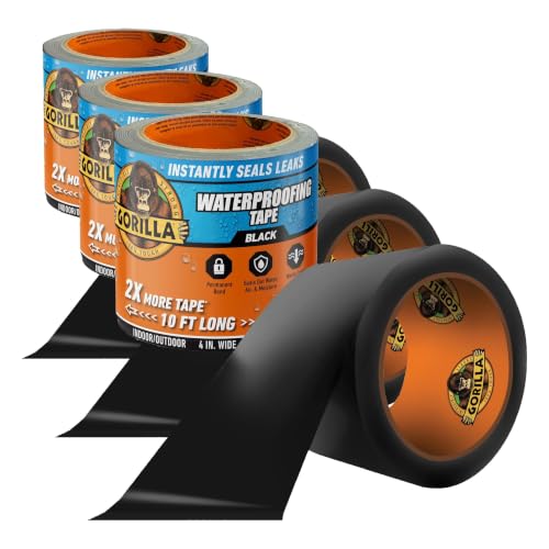 Image of GORILLA Waterproof Patch & Seal Tape, Black Tape, 4 inch x 10' (Pack of 3) - Permanent Weather Resistant Seal for Leaks and Repairs