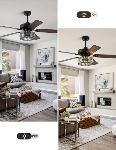 Image of 52'' Black Chandelier Fan Crystal Farmhouse Ceiling Fan with Light
