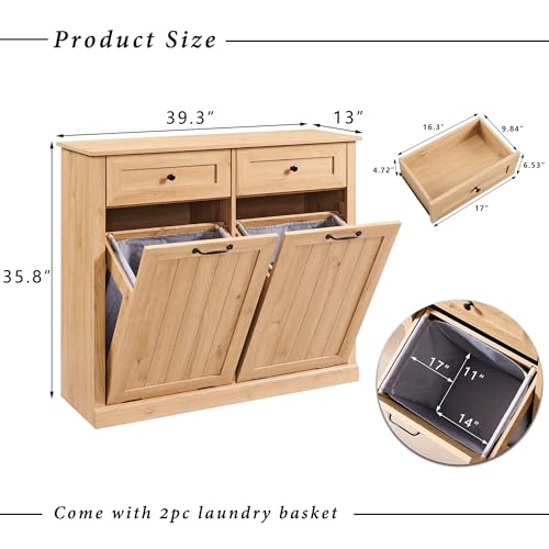 Image of IFGET Double Tilt Out Trash Cabinet, Wood Trash Can Cabinet, Natural
