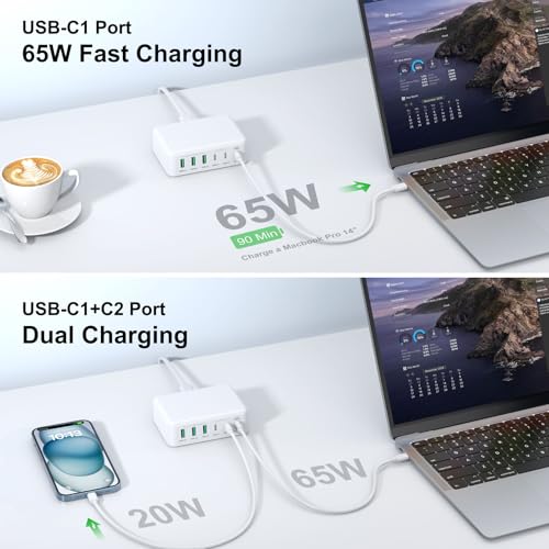 Image of 150W USB C Mac Book Pro Charger,6 Port Type C Charging Station PD Hub Brick USB A QC Wall Chargers Power Adapter Desk Plug Cube for iPhone 16 15 ProMax /AirPods4 65W Laptop Charger for MacBook Air Pro