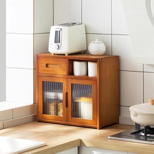 GEBYUI食器棚 竹製おしゃれデザイン アクリル扉付きキッチンキャビネット 引き出し付き収納棚 卓上食器棚兼キッチン収納棚・キッチンラック 調味料棚として活用可能 組立簡単 大容量多機能収納 省スペース設計 食器・調味料・キッチン小物整理に最適 便利な収