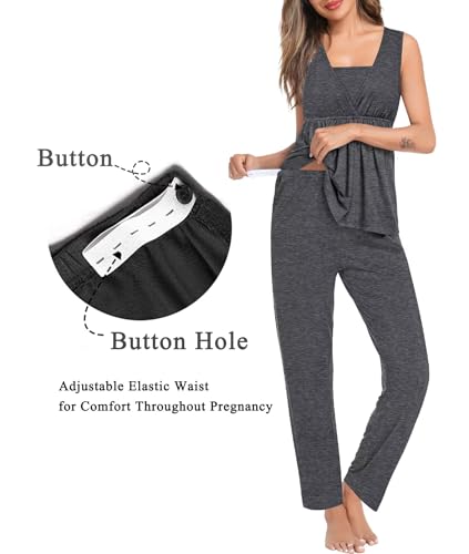 Image of SWOMOG Maternity Nursing Robe Set 3 Piece Breastfeeding Pajamas 3 in 1 Labor Delivery Sleevless Tops&Long Pants Pregnancy Pjs
