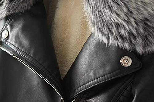 Lentta Women's Faux Fur Collar Pu Leather Fleece Lined Warm Quilted Moto Jacket (Medium, Black) #TOP2