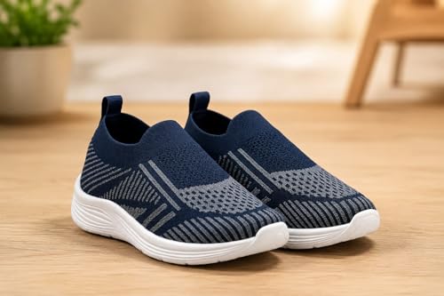 Image of Kids Navy Blue Knit Slip-On Sneakers for Boys | Lightweight Breathable Casual Walking Shoes with Geometric Pattern & Cushioned Sole