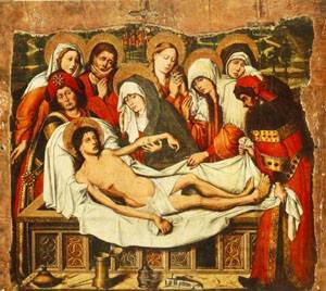 Peinture à l'huile Entombment de Christ 1490s Pedro Sanchez 12x16