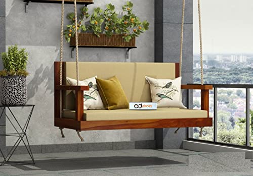 AD Planet Solid Wood 2 Seater Rope Swing Chair | Wooden Hammock Swing Sofa with Rope & Complete Accessories for Indoor, Outdoor, Balcony & Garden | House Big Hanging Swings Jhula | Honey Finish