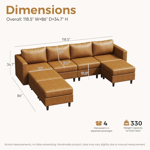 Image of ABCASA Faux Leather Modular Sectional Sofa 118.5 inch, 7 Seater U Shaped Couch with Storage Seat with Reversible Chaise Deep Seat for Living Room Brown