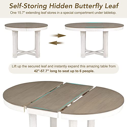Merax 5-Piece Furniture Set, Round To Oval Extendable Butterfly Leaf Wood Dining Table And 4 Upholstered Chairs With Armrests, 5Pcs, White #TOP1