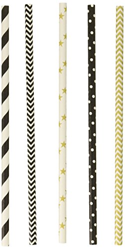 Charmed Black/Gold New Year Hollywood Star Party Stripe/Chevron Straw Mix (125 Pack), Assorted