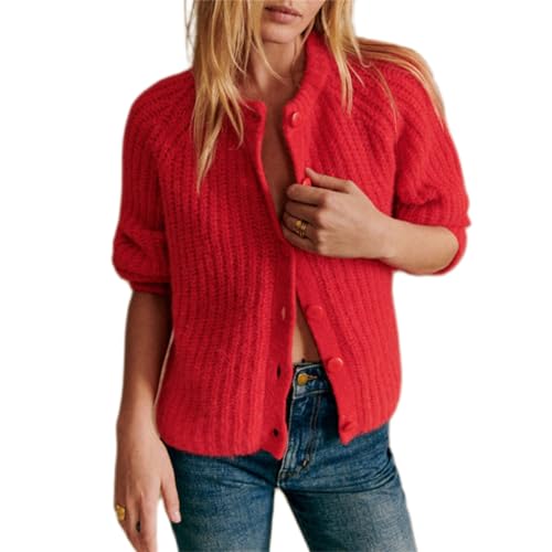 Women Chunky Knit Cardigan Y2k Long Latern Sleeve Crew Neck Button Up Open Front Cable Knitted Short Sweater Jackets
