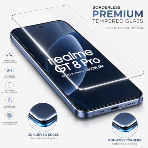 Image of ArmourPro 3D Borderless Tempered Glass for Realme 16 Pro, Realme GT 8 and GT 8 Pro, HD Clear Curved Edge to Edge Screen Protector, 9H Hardness, Oleophobic Coating, Case Friendly | Pack of 1